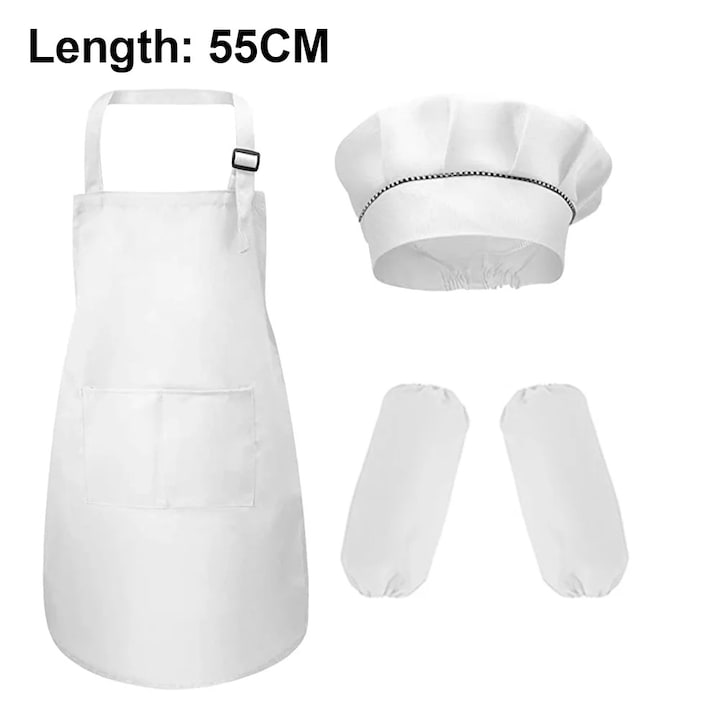 ZYBLSSBB, Set sort si sapca de bucatar pentru copii din poliester cu buzunar si bretea reglabila, include 2 maneci, Alb, M