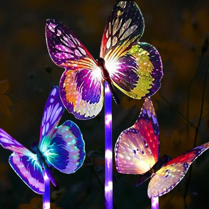 Set 3 lampi solare fluture LED, argintiu, material fibra optica, 5 LED-uri