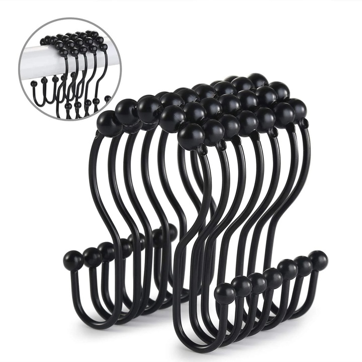 Inele pentru perdea de dus ZYBLSSBB LSM2xh13059-BCS0077166-2, din otel inoxidabil 304 cu bile rulante, dublu carlig anti-rugina, negru, set 12
