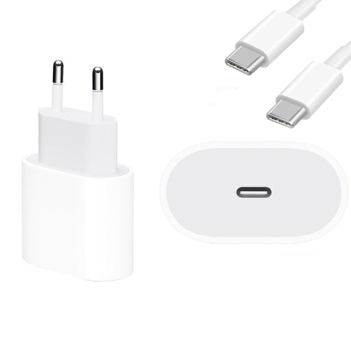 Töltő iPad/iPhone készülékhez, Gyorstöltés, Type-C kábel, Teljesítmény 20W, Fehér