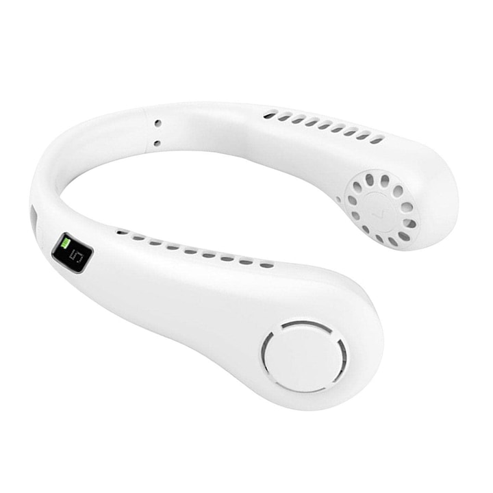 Вентилатор за врата, 5 скорости, дизайн без лопатки, дигитален дисплей, 21x14x5.8 см, бял