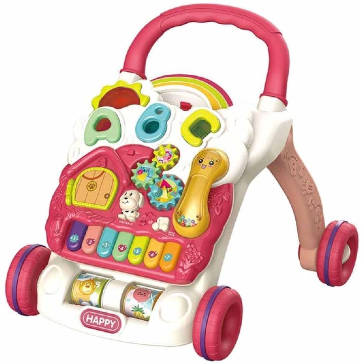 Antepremergator interactiv cu Pian muzical si Panou interactiv detasabil, Telefon, litere, angrenaje rotative si roti antiderapante, dimensiune 43 x 46.5 x 42.5 cm, Happy Pink