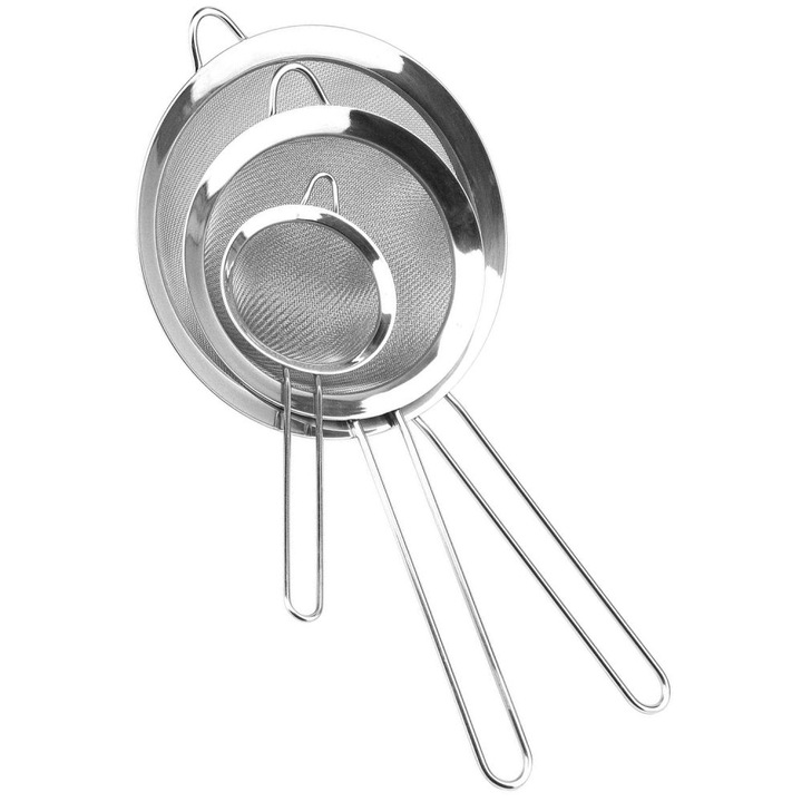 Sita cu plasa fina, site din otel inoxidabil durabil si de inalta calitate, ideale pentru cernerea ingredientelor uscate, condimentelor, frunzelor de ceai si multe altele, set de 3 in 3-1/6", 5-1/2", 7-1/8", cu orificiu convenabil pentru agatat