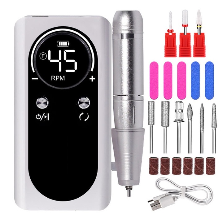 Professzionális körömfúró, Rqiurpn, hordozható, 45000RPM, manikűr, csiszolás, polírozás, 2000mAh, LED kijelző forgásirány/maradék teljesítmény/sebesség, övcsipesszel, újratölthető, fehér/fekete