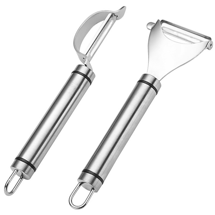 Curatator de legume si fructe din otel inoxidabil, Enforose, set 2 bucati, cu manere ergonomice, lame duble rotative