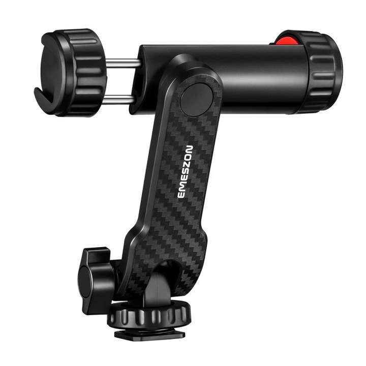 Telefontartó 1/4 menetes és hidegpapucsos rögzítéssel, EMESZON®, 360 fokban elforgatható, szénszálas modell, mobiltelefonhoz, állványra szerelhető, videokamera, vaku, LED lámpa, monopod, szelfi stick, fekete
