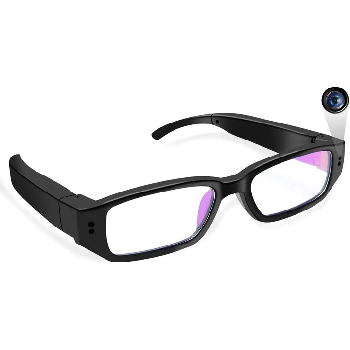 Ochelari Smart cu camera 1080P Full HD, design modern, lentile amplificatoare, iluminare LED, negru