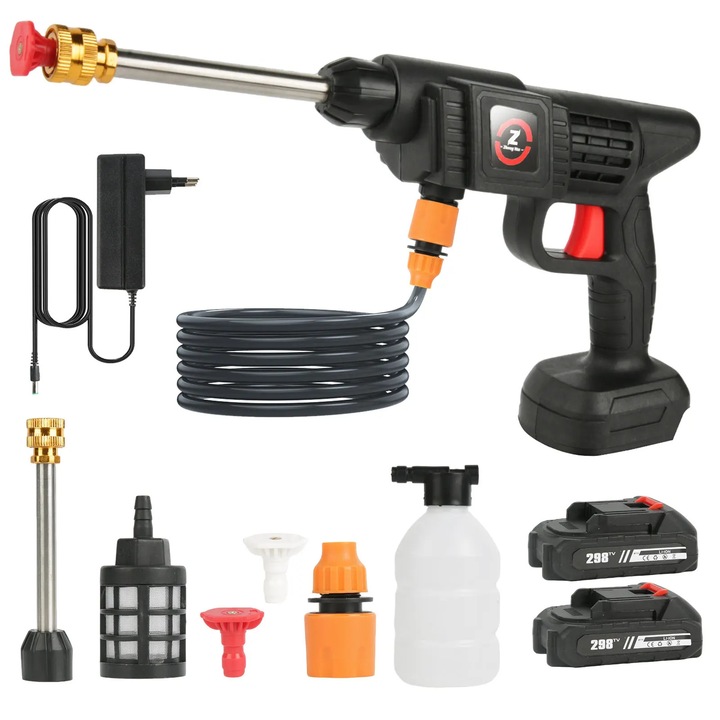 Pistol de apa cu presiune inalta, Spalator cu presiune fara fir, Motor 200 W, Autoamorsare, Duza multifunctionala, 2x baterii cu 5 celule