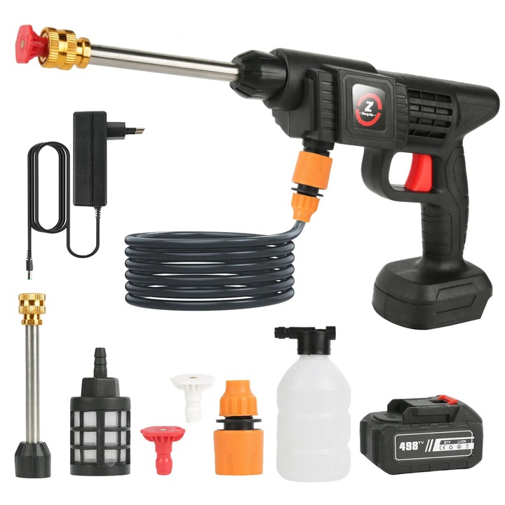 Aparat de spalat cu presiune portabil, Pistol de apa fara fir, 200 W, Autoamorsare, Duza multifunctionala, 1x acumulator cu 10 celule