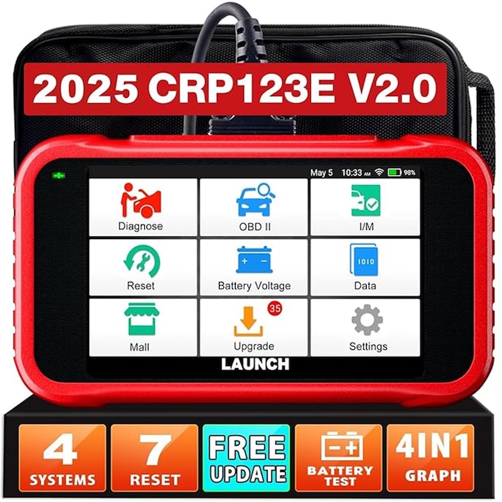 Tester auto LAUNCH CRP123E V2.0, diagnostic OBD2, 7 functii de resetare, ecran tactil 5 inch, 32GB memorie, 6100mAh baterie