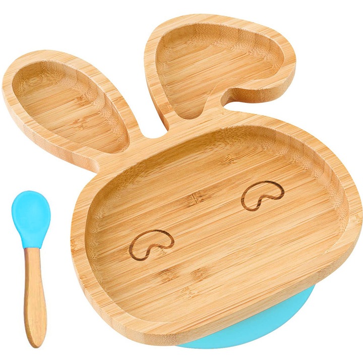 Бамбукови чинии с вендузи за малки деца, награден продукт с нетоксичен естествен материал, здрав и екологичен дизайн за безопасно и независимо хранене, син, бамбук