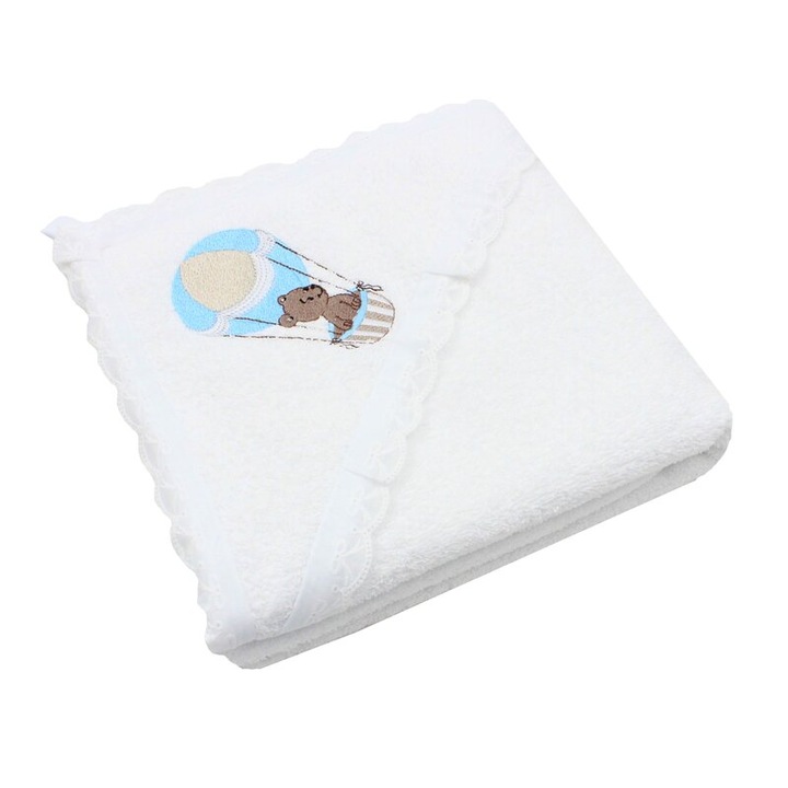 Prosop cu gluga, Ursul Teddy in balon, bumbac, alb, 80 x 100 cm