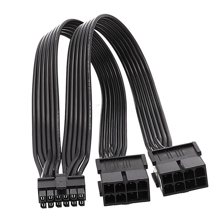 Cablu 2 x 8 pini (6+2) splitter la 12 pini, ZGGZERG, Cablu extensie splitter, Impletit cu cupru, maneca impletita, Active, Compatibil RTX3080, RTX3090, Pentru calculatoare, procesoare, routere, PVC/Metal, 30cm, Negru