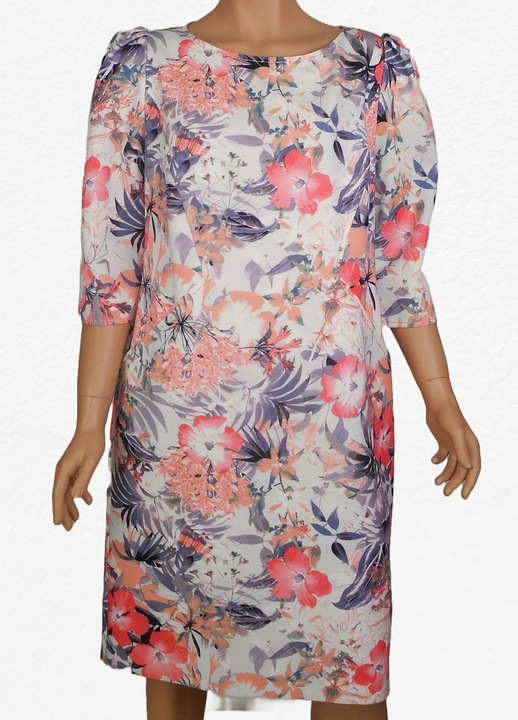 Rochie midi dreapta Moditex, cu buzunare, maneci 3/4, imprimeu floral, Alb/Roz/Albastru