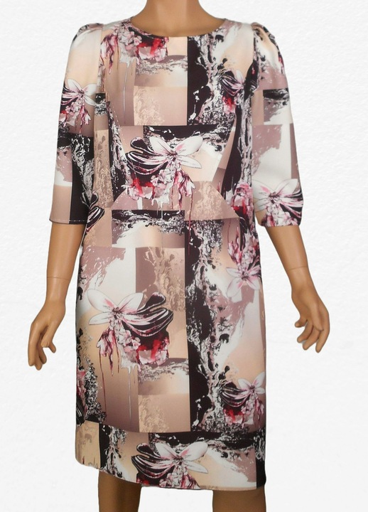 Rochie midi dreapta Moditex, cu buzunare, maneci 3/4, imprimeu floral, Negru/Bej
