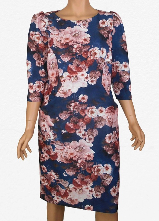 Rochie midi dreapta Moditex, cu buzunare, maneci 3/4, imprimeu floral, Roz/Bleumarin