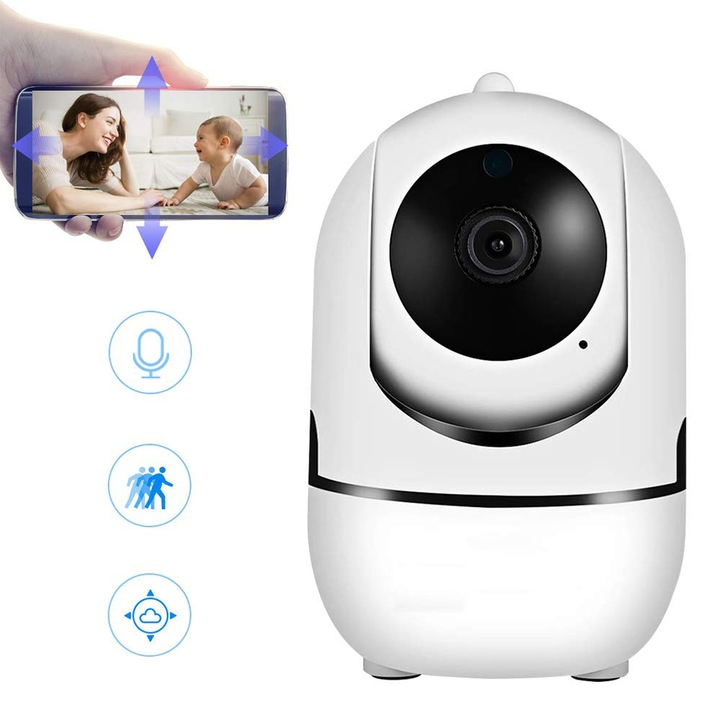 Camera de securitate interioara wireless Enforose 360°, viziune nocturna, comunicare audio bidirectionala, alb, dimensiune compacta