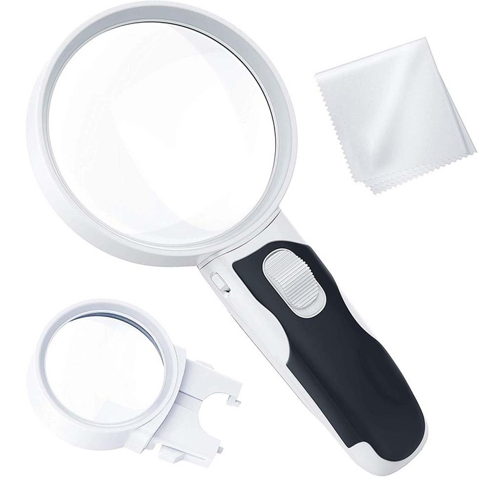 Lupa cu lentile interschimbabile, Enforose, 5x si 10x, iluminare LED, ergonomica