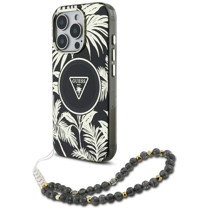 Guess tok iPhone 16 Pro Max készülékhez, Magsafe kompatibilis, IML Palm Trees Triangle Modell, Pearl Strap, GUHMP16XHPCTPLSK, fekete