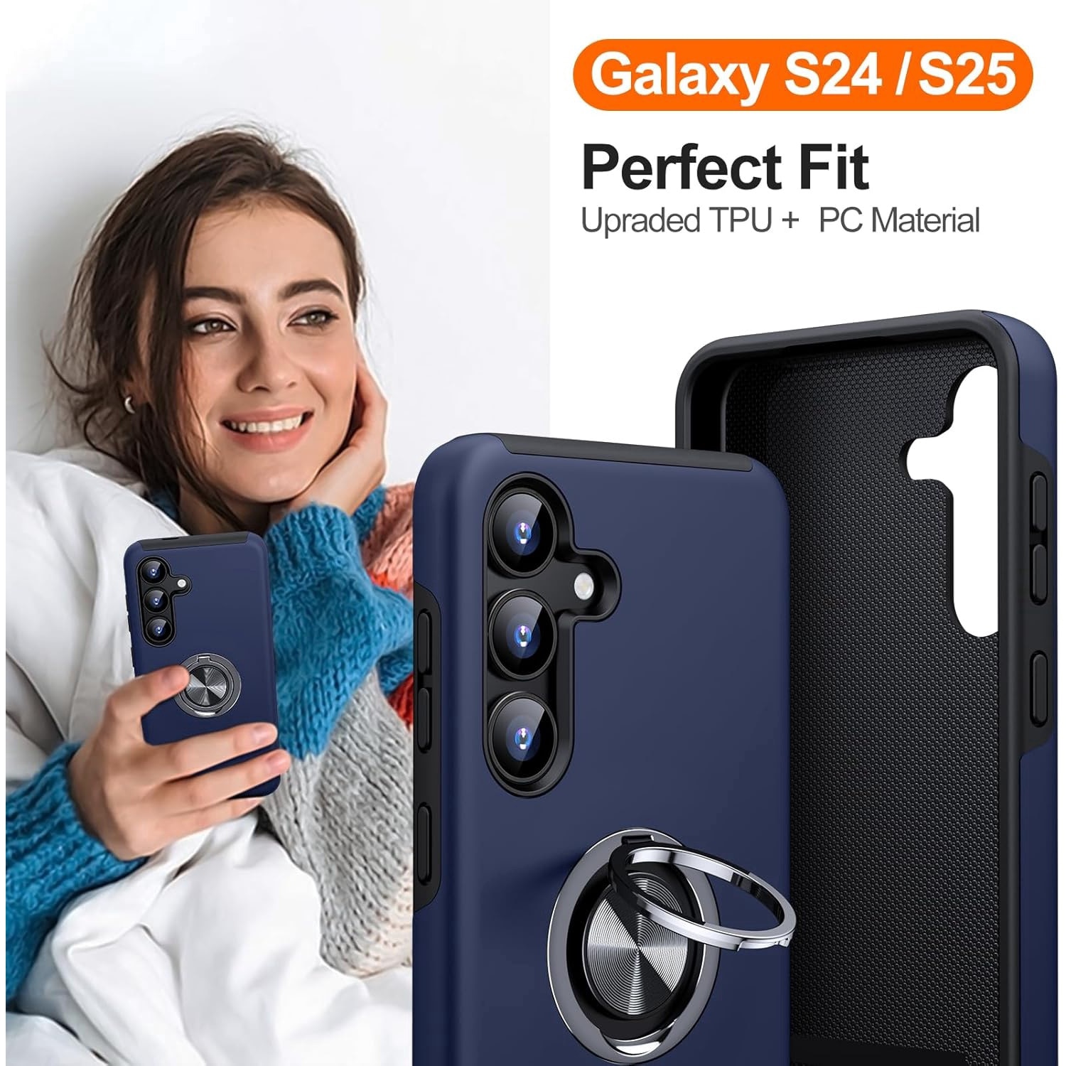 Husa de protectie pentru Samsung Galaxy S25, Hybrid Antisoc, Kickstand, Bumper inel rotativ 360, Blue