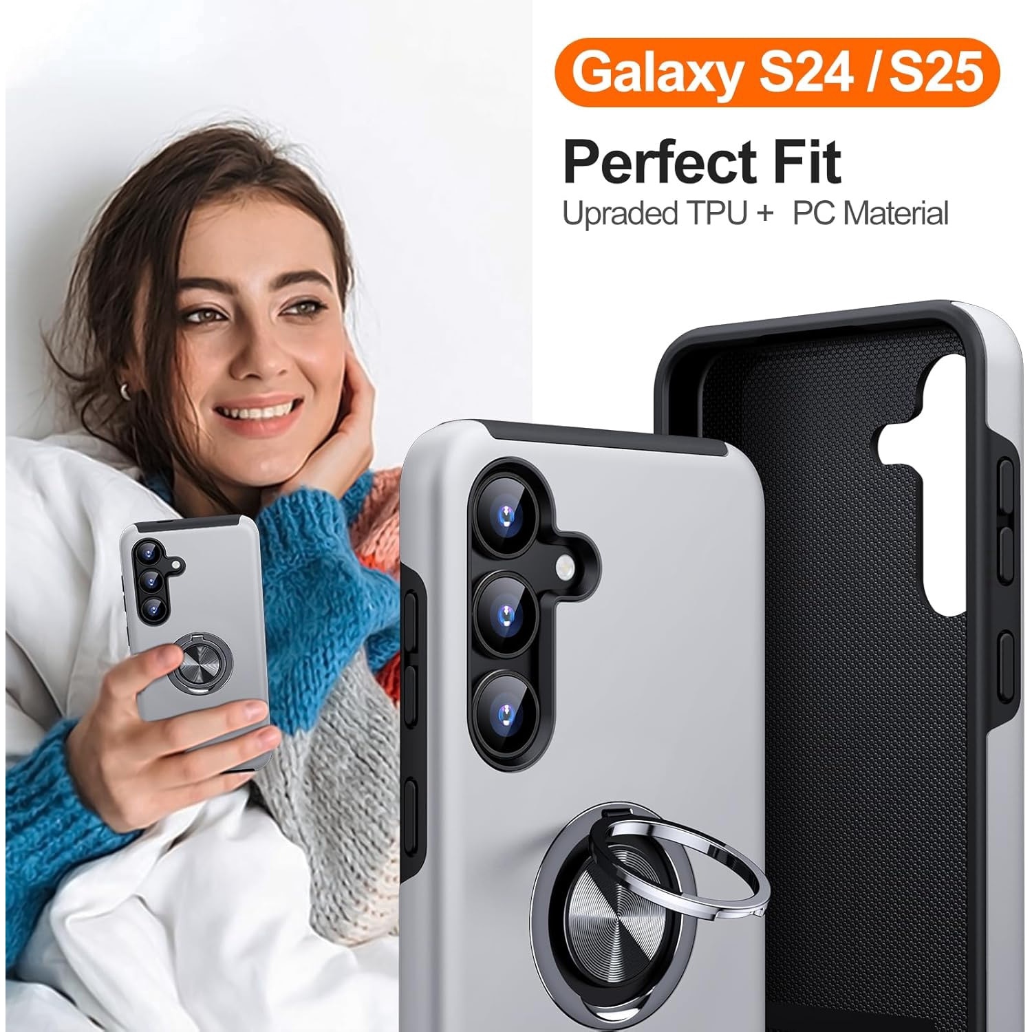 Husa de protectie pentru Samsung Galaxy S25, Hybrid Antisoc, Kickstand, Bumper inel rotativ 360, Silver