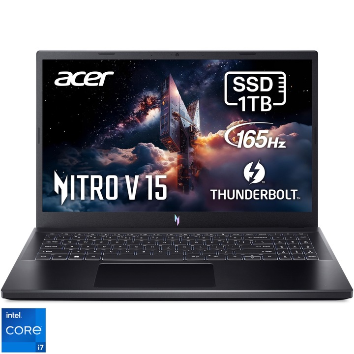 Лаптоп Gaming Acer Nitro V 15, Intel® Core™ i7-13620H, 15.6'', Full HD, IPS, 165Hz, 16GB DDR5 RAM, 1TB SSD, NVIDIA® GeForce RTX™ 3050 6GB GDDR6, No OS, Obsidian Black