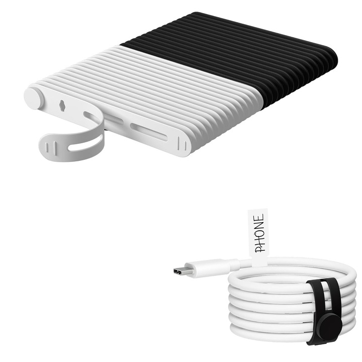 Set 30 organizatoare cabluri, SINBINTA, Legaturi de cablu din silicon, Cu etichete pentru cabluri, Reglabil si reutilizabil, Rezistenta la rupere, Usor de transportat, Pentru fixare, legare si organizare, 80*12*1.3mm, Negru Alb