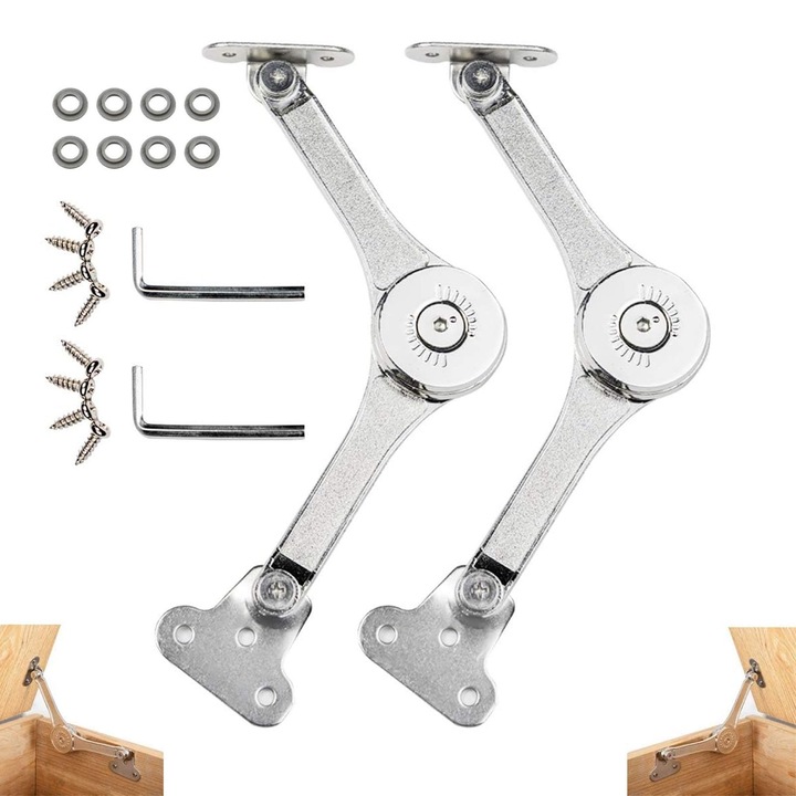 Set 2 balamale suport pentru usi de mobilier, ZGGZERG, Balamale de sustinere, Cu 12 suruburi, 2 cheie imbus, 4 suporti fixare, 8 saibe, 70°/90°/105° schimbare de sens, Impermeabil si rezistent la umiditate, Aliaj de zinc, 212*40*15mm, Argintiu