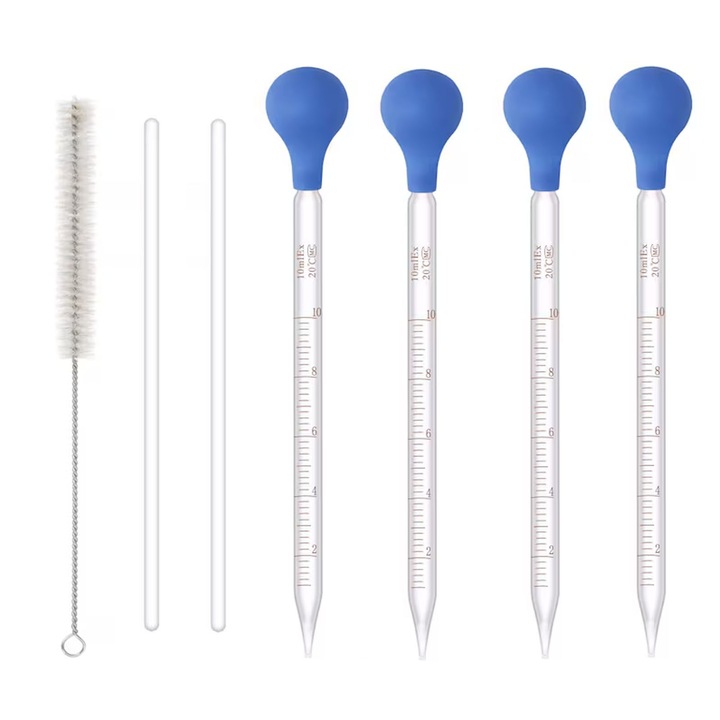 Комплект 2 пипети за дозиране на лекарства, ZGGZERG, Градуирани стъклени, 10мл, С гумена капачка, пръчка за разбъркване, четка за почистване, Разглобяем, За медицински цели, приложение на лекарства при деца и животни, Гума, Прозрачен/син