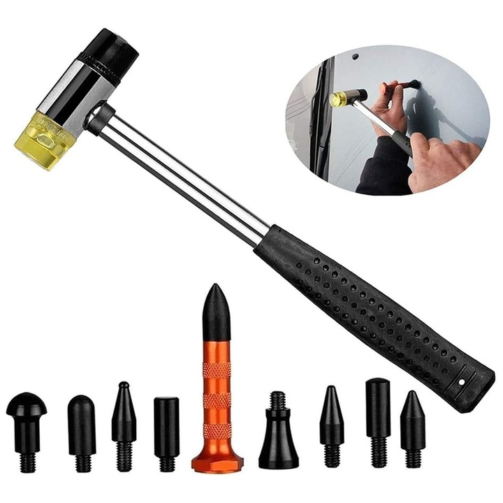 PDR szerszámkészlet, ZGGZERG, PDR festék nélküli horpadásjavító szerszámkészlet, 1 kalapáccsal, 9 cserélhető fejjel, 1 nejlon dornnal, Tartós, Műanyag/alumínium ötvözet, 24.3*6.2*2.2cm, Többszínű
