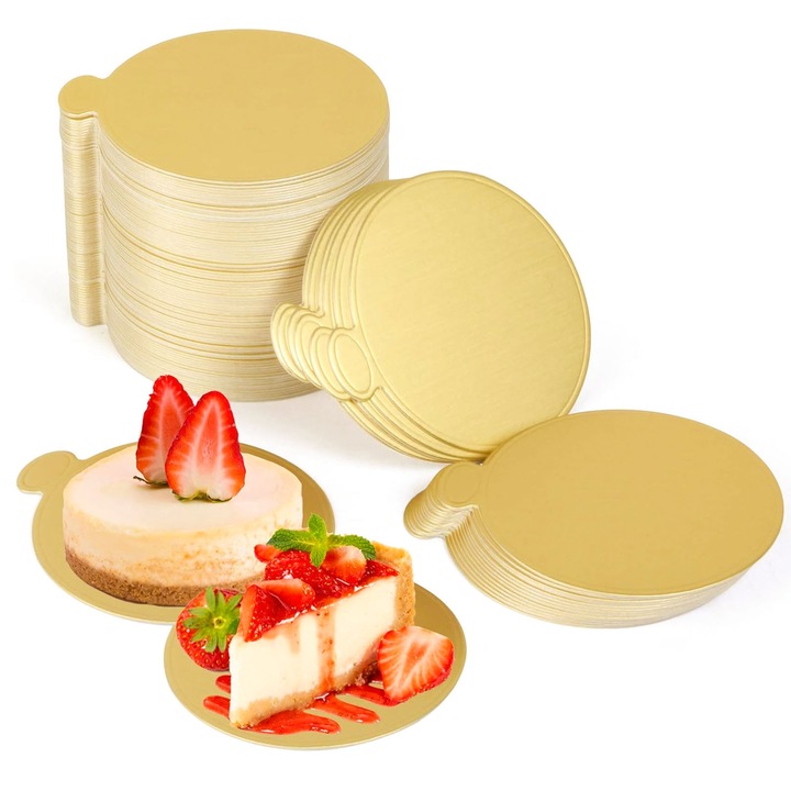 Кръгли картонени чинии, ZGGZERG, Кръгъл диск за торта, Комплект от 100, С дръжка, За еднократна употреба, Стабилност и опора, Водоустойчив и маслоустойчив, Рециклируем, За торти, бисквитки, мъфини, Картон, 8 см, Златен