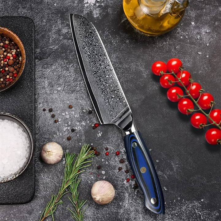 Cutit Santoku, 67 straturi otel Damasc, maner G10, 18cm, 31cm