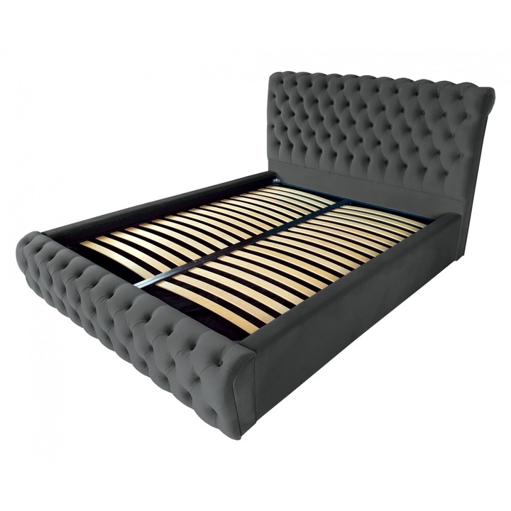 Pat tapitat Verona,200x200cm, somiera metalica rabatabila, spatiu depozitare, gri onix