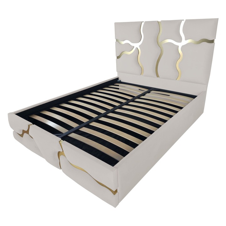 Pat tapitat Etna,120x200cm, somiera metalica rabatabila, spatiu depozitare, crem prafuit