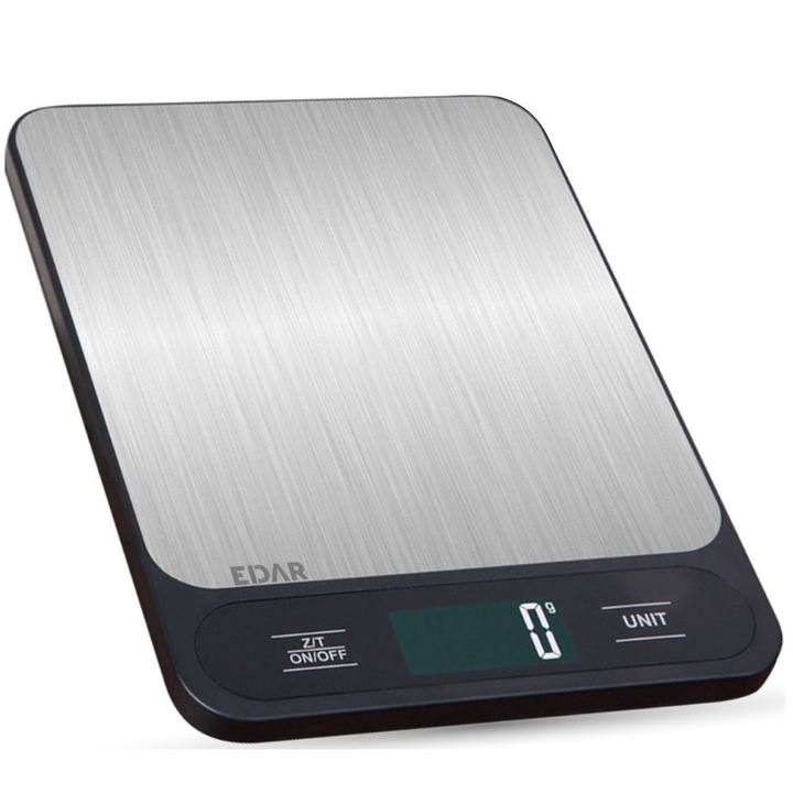 Кухненска везна EDAR, електронна, LCD дисплей, прецизна, максимален капацитет на претегляне 10 кг, взаимозаменяеми мерни единици, 1g деление, захранвана от батерии, сребристо/черно