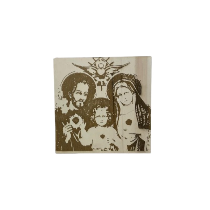 Tablou religios, cu familia crestina, din lemn, gravat la laser, avand un text pe spate