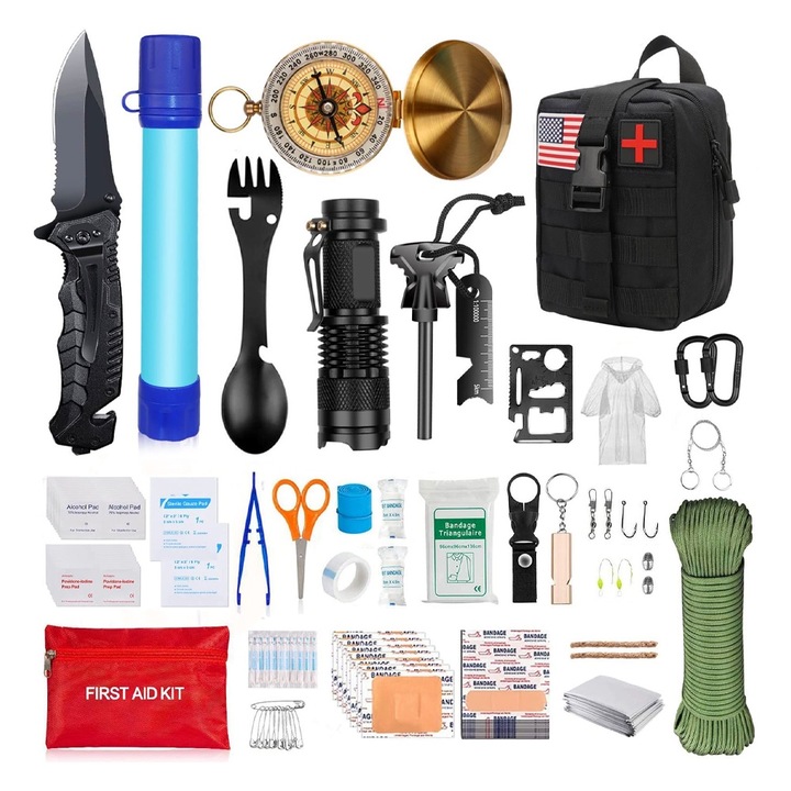 Kit Supravietuire Multifuncional, OPTIM SOLUTION, 40 de Instrumente Profesionale, Echipament de Prim Ajutor, Resurse Vitale, pentru Preventie, Situatii de Urgenta, Drumetie, Camping, Taiere, Fixare, Iluminare, Semnalizare, Adapost, Protectie, XTO, Negru