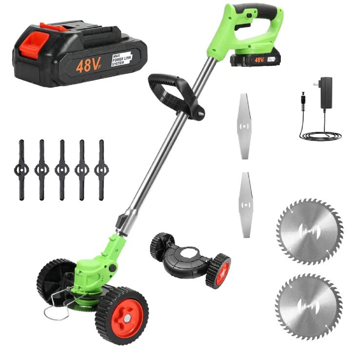 Motocoasa Electrica SELLING DEPOT, 1500W cu 2 Acumulatori 48V, Roti Detasabile si 3 Unghiuri de Taiere – Accesorii Incluse, Design Rezistent din ABS si Metal, Verde