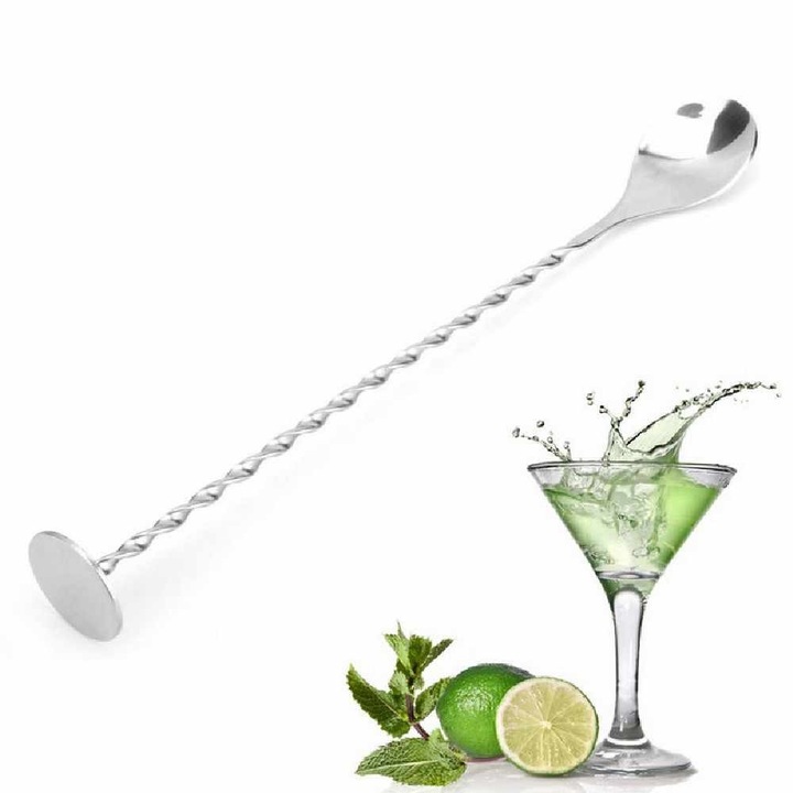 Lingura pentru bar, din otel inoxidabil, maner torsadat/spiralat, pentru cocktailuri, cafea si mojito, Argintiu, 1 buc