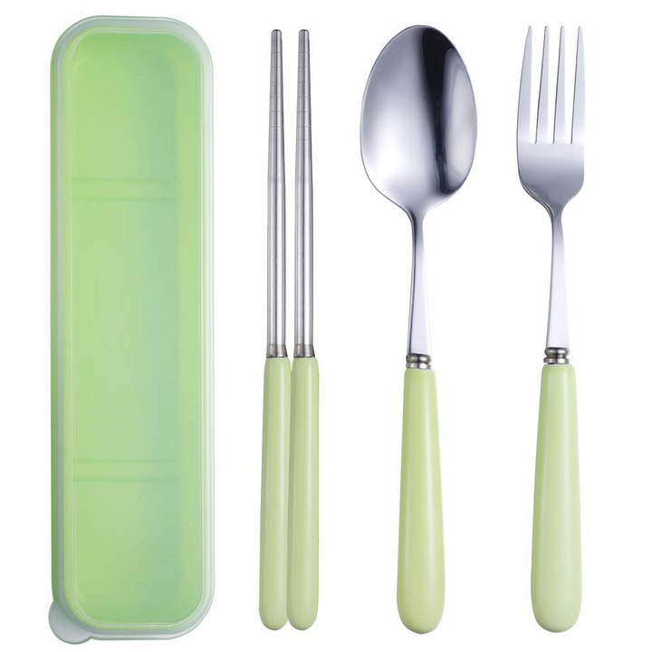 Set 3 piese tacamuri reutilizabile din otel inoxidabil, manere ceramice, portabile, cu cutie de transport, Verde