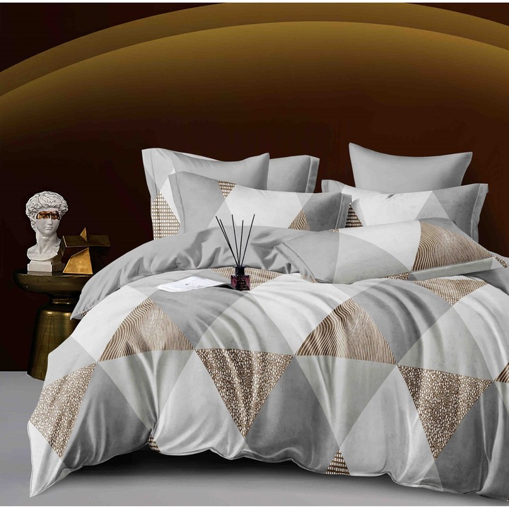 Lenjerie de pat dublu, 2 persoane, Finet, 6 Piese, Cearceaf de pat 230 x 250 cm, Cearceaf pilota 200 x 230 cm, 2 fete de perna 70 x 70 cm, 2 fete de perna 50 x 70cm, Multicolori, j3