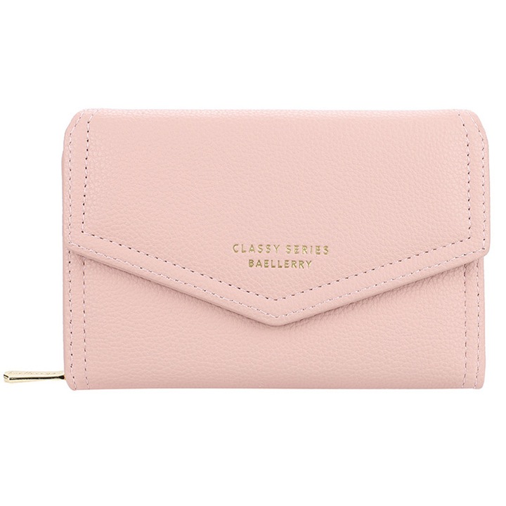 Portofel dama Enforose, piele naturala, design compact pliabil, buton floare, alb, 10cm