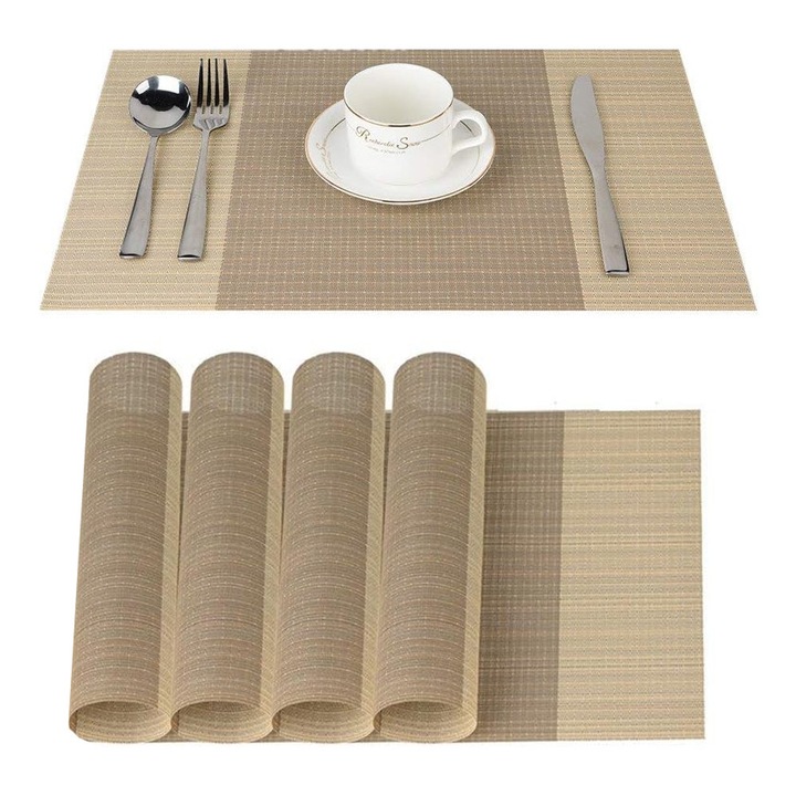 Set 5 servetele HERUSI, PVC titanium, bej dungi, 45x30cm, rezistent caldura