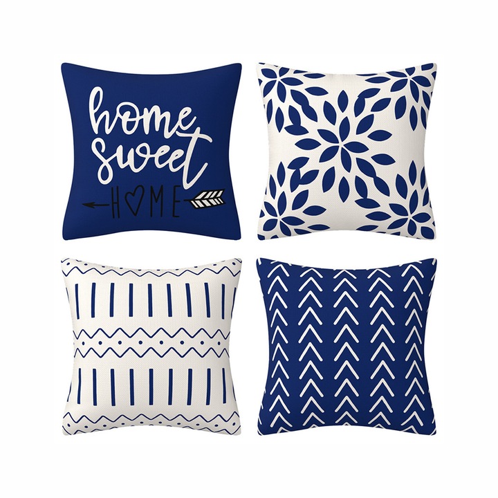 Fete perne exterioare Enforose, set de 4, model geometric modern, material din in de inalta densitate, albastru prafuit