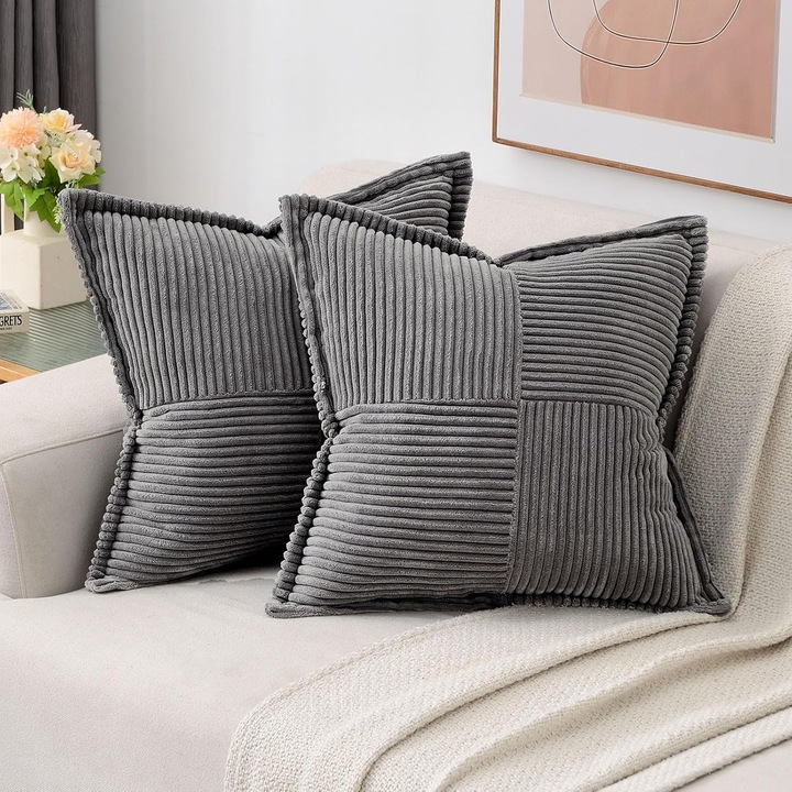 Fete de perna gri, 20x20 inch, set de 2, catifea reiata moale, cu dungi/margini late, fata de perna decorativa patrata, decor modern pentru casa, canapea, pat