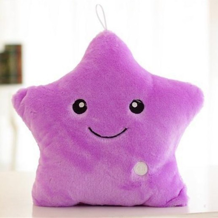 Perna decorativa LED, Enforose, forma de stea, culoare mov, 40x35cm, set cu perna luminoasa