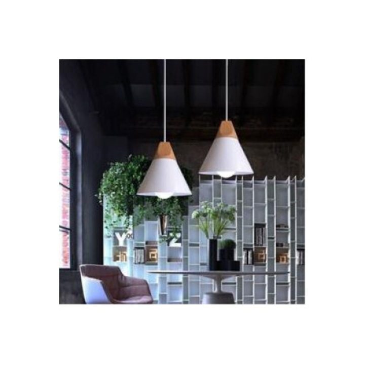Lampa suspendată Enforose, design nordic, cadru metalic și lemn, alb, E27 (set 2 buc)