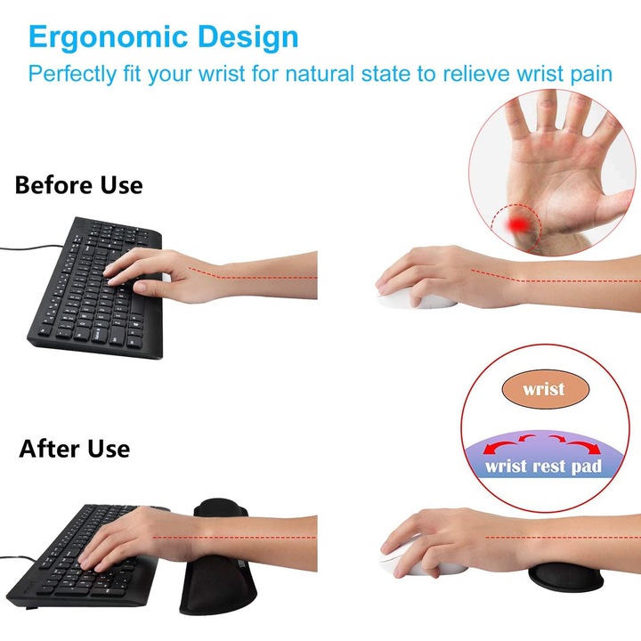 Ergonomikus csuklótámasz szett billentyűzethez és egérhez, memóriahab, fekete, nagy méret
