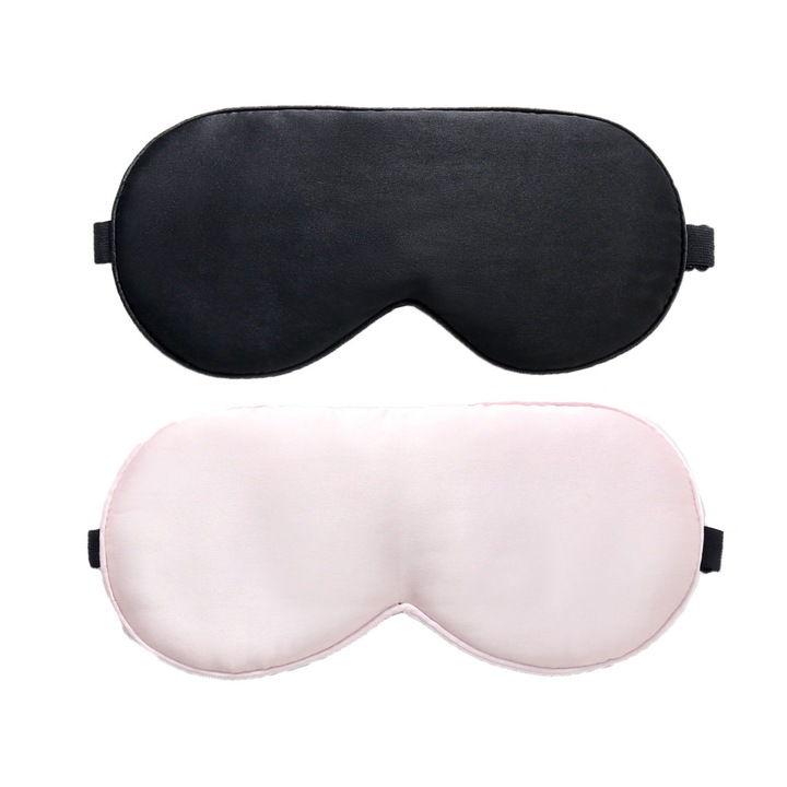 Masca de somn din satin de matase, AMRINUGL, set de 2, design subtire stereo, ajustabil, total blackout, negru si roz