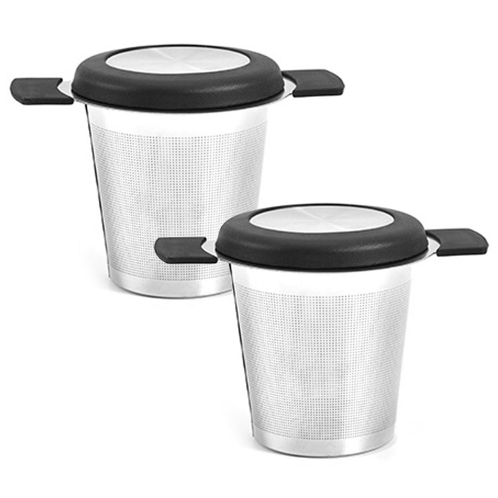 Термоустойчив инфузер за чай, Enforose, комплект от 2 броя, с двойни дръжки, микронна мрежа, силиконов капак, голяма дължина